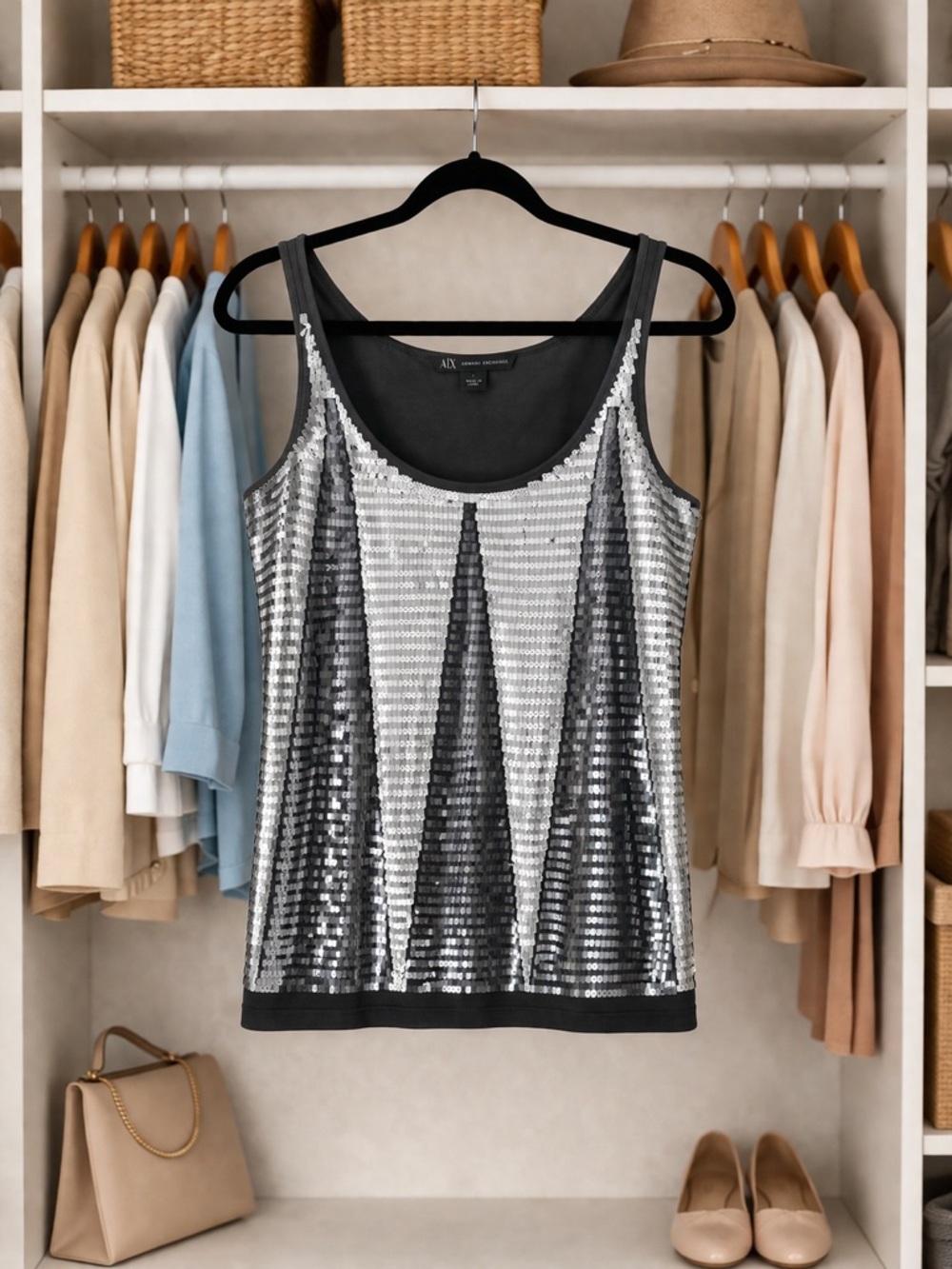 Armani Exchange AX Sequin Tank Top Gray Silver Sleeveless Size M